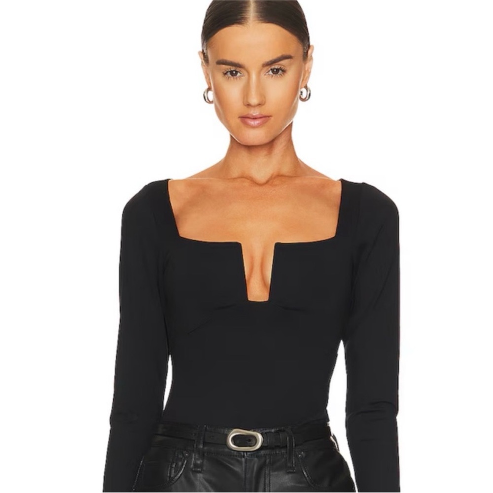 Susana Monaco Black Long Sleeve Square Neck Bodysuit with Mesh